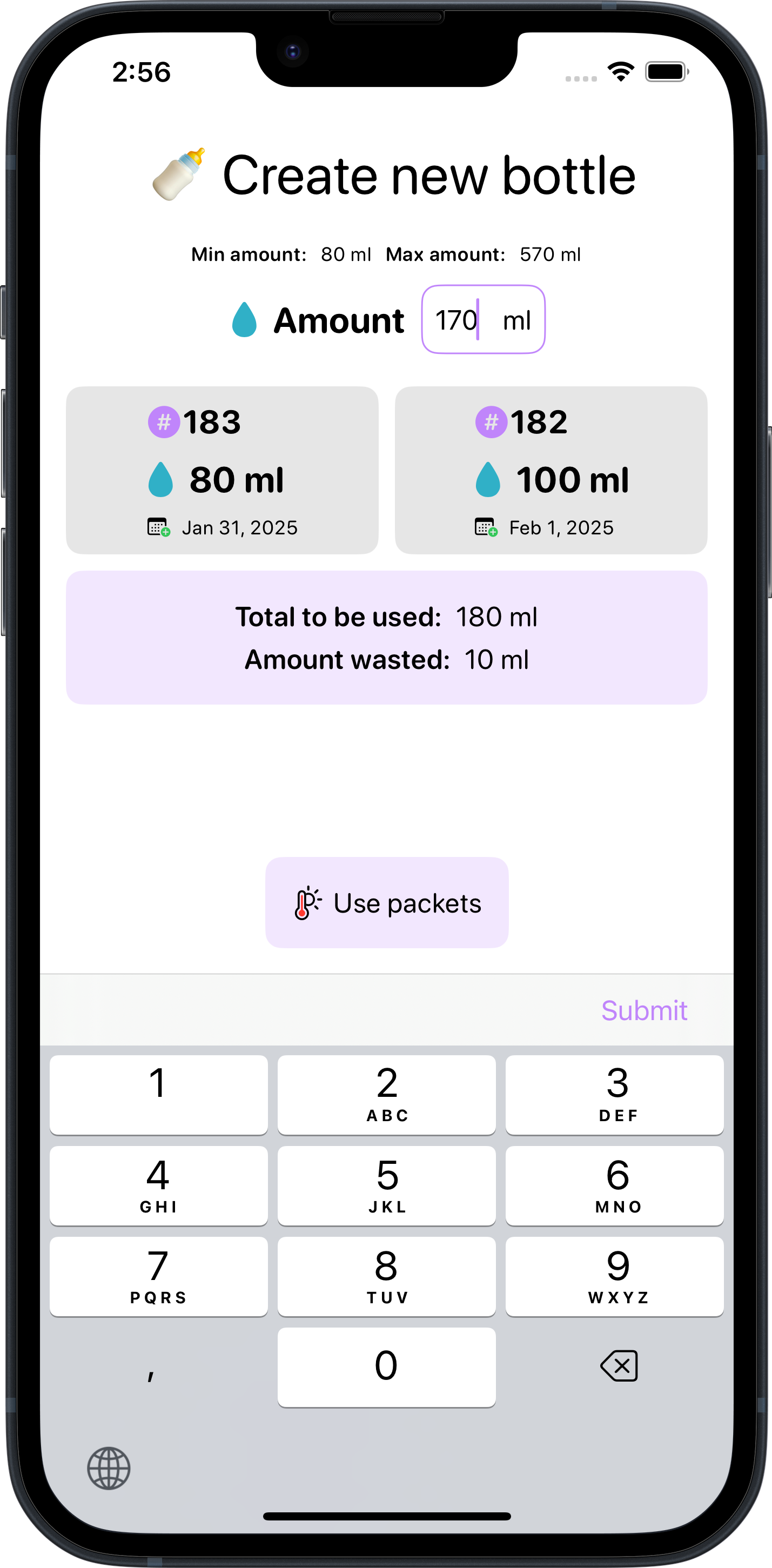 Smart feeding bottle creation screenshot